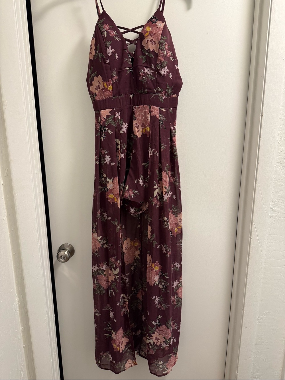 Crystal Doll Burgundy Floral Strappy Maxi Dress